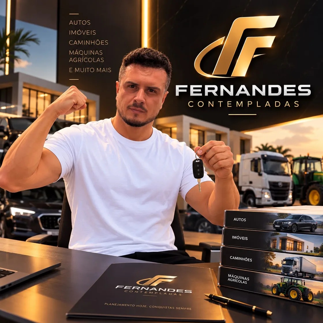 Consultor da Fernandes Contempladas segurando uma chave, com cartas para autos, imóveis, caminhões e máquinas agrícolas